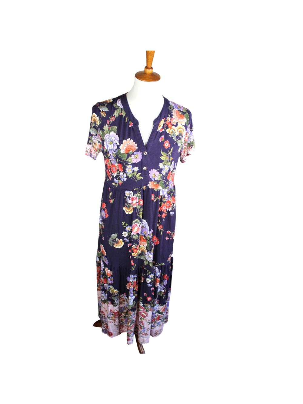 Johnny Was Janie Favorite Tiered Henley Knit Midi Dress Womens Small Floral Boho